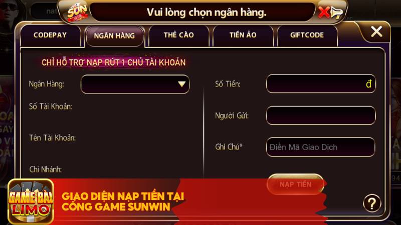 Giao diện nạp tiền tại cổng game Sunwin