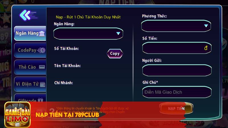 Nạp tiền tại cổng game bài 789Club